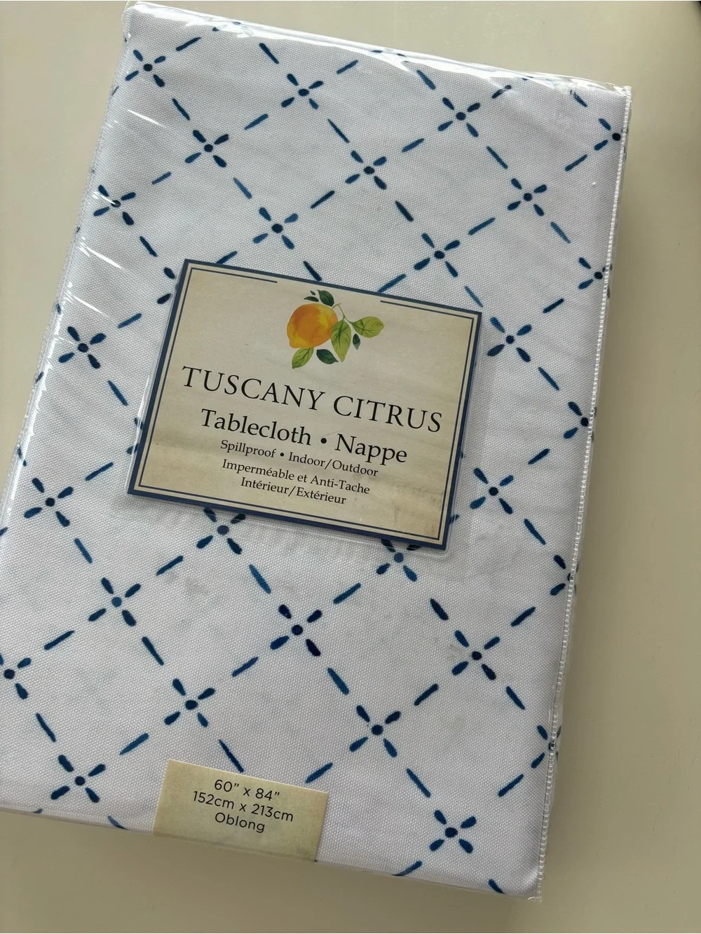 NWT Tuscany Citrus 60”x 80 Oblong Tablecloth-Blue & White Tile/Lemon Print